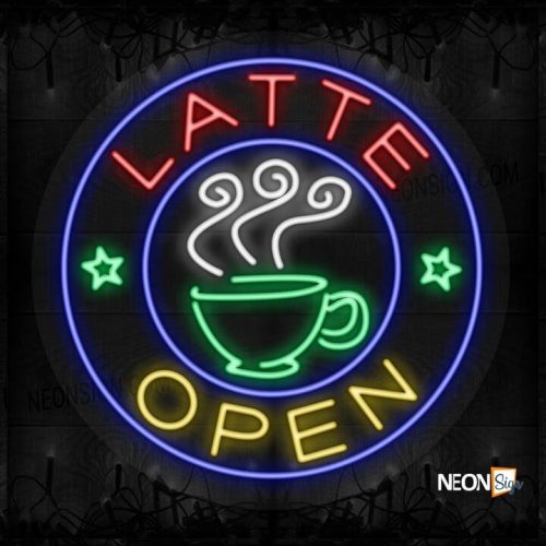 Latte Open with coffee logo and blue circle border LED Flex