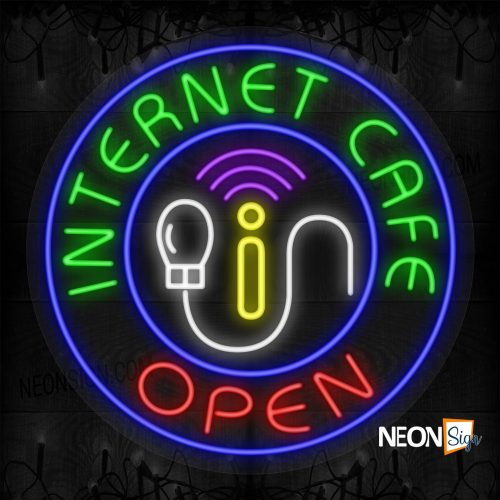 Internet Cafe Open with Mouse and Wifi Symbol Blue Round Border LED Flex