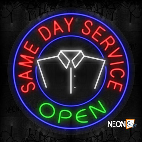Same Day Service Open with Collared Shirt Blue Round Border LED Flex