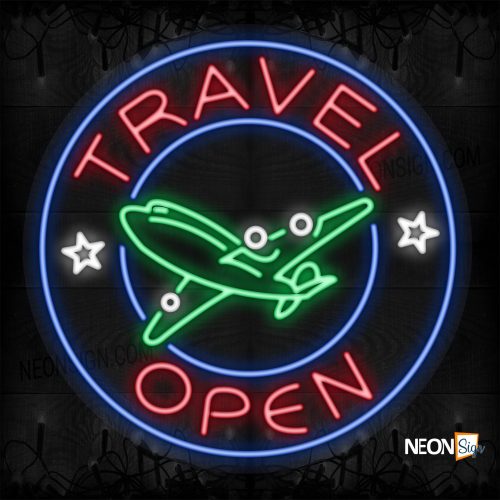 Travel Open with logo and blue circle border LED Flex